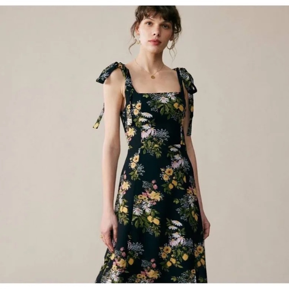 RIHOAS Black Floral Midi Dress with Tie Straps